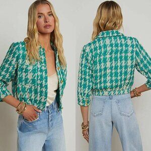 NWT L'agence Jia Crop 3/4 Sleeve Button Front Jacket Teal Houndstooth Size: 0